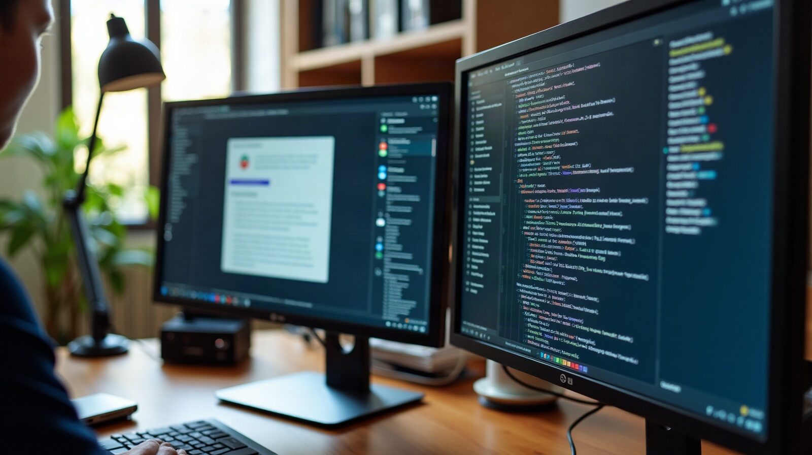 Bureau avec deux écrans, une page web d'un côté et un terminal de commandes de l'autre